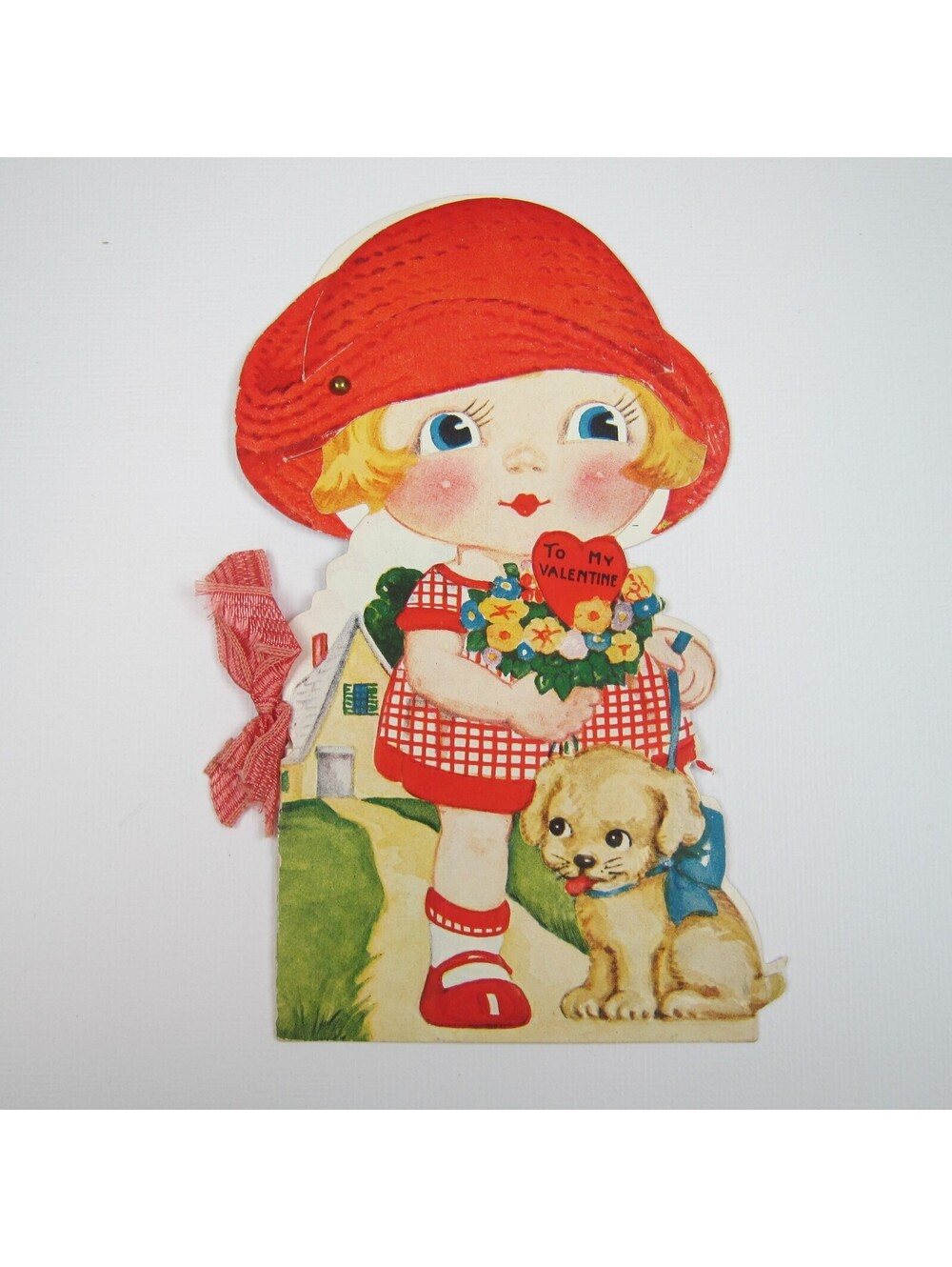 Vintage Valentine Mechanical Red Hat Blonde Girl Puppy Dog LARGE Story Book RARE